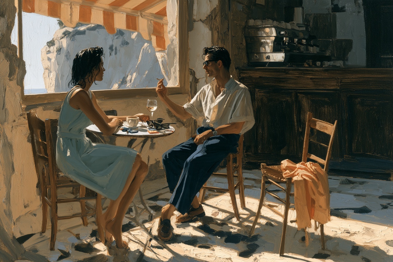 Le Café — figurative painting, Italy summer 1957