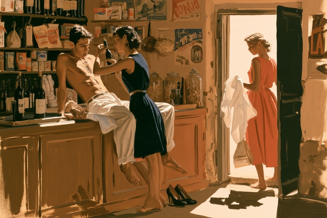 L'Épicerie — figurative painting, Italy summer 1957