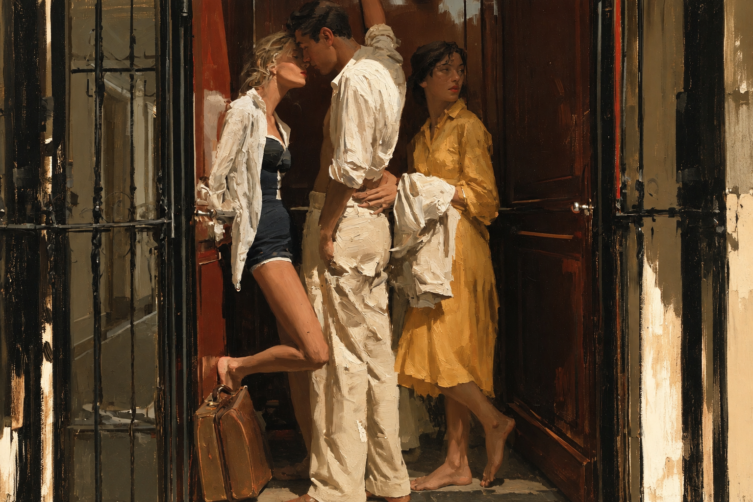 L'Ascenseur — figurative painting, Italy summer 1957